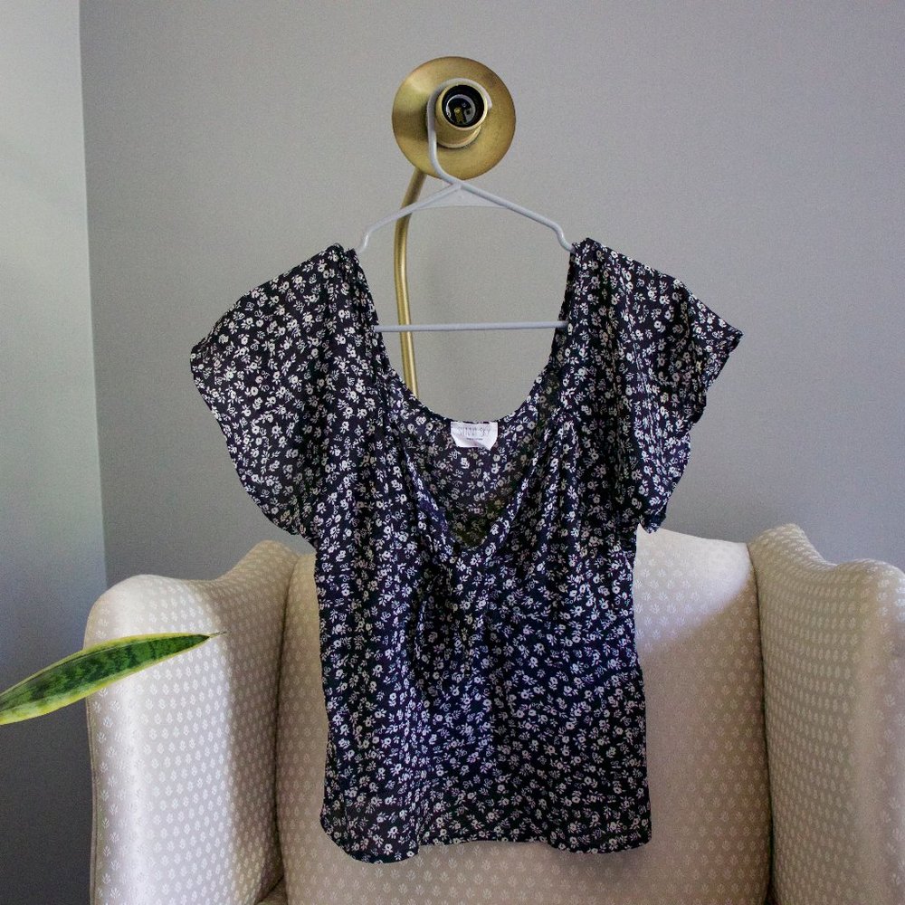 Blue and white floral blouse with tie front